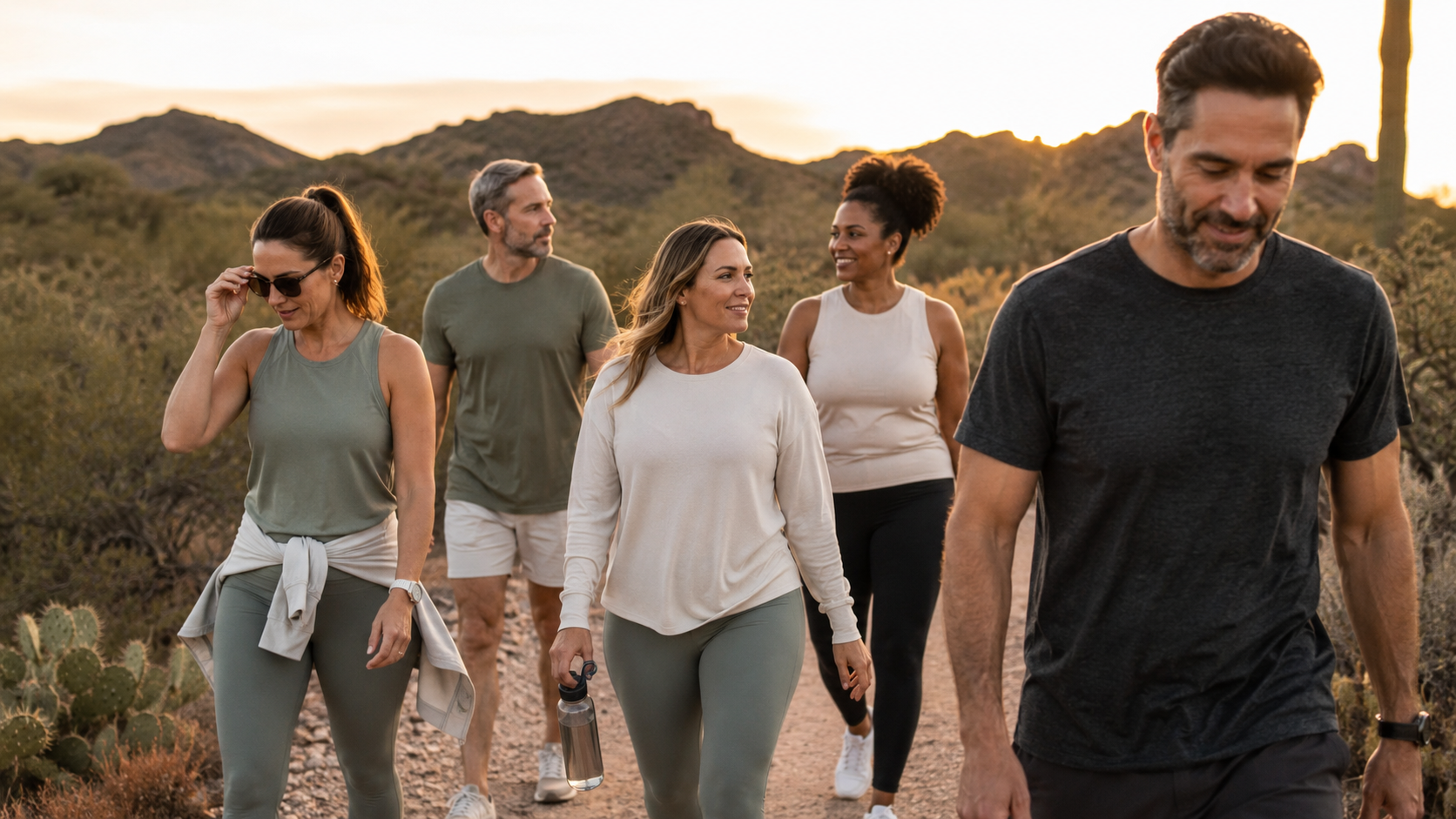 Group of adults walking together on a Sonoran desert trail at golden hour