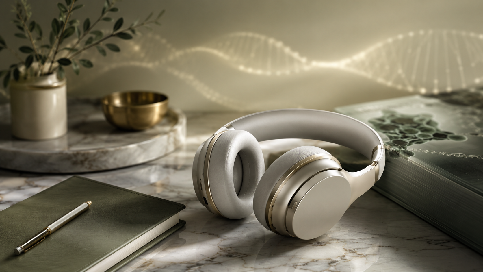 Headphones and notebook beside a golden DNA sculpture