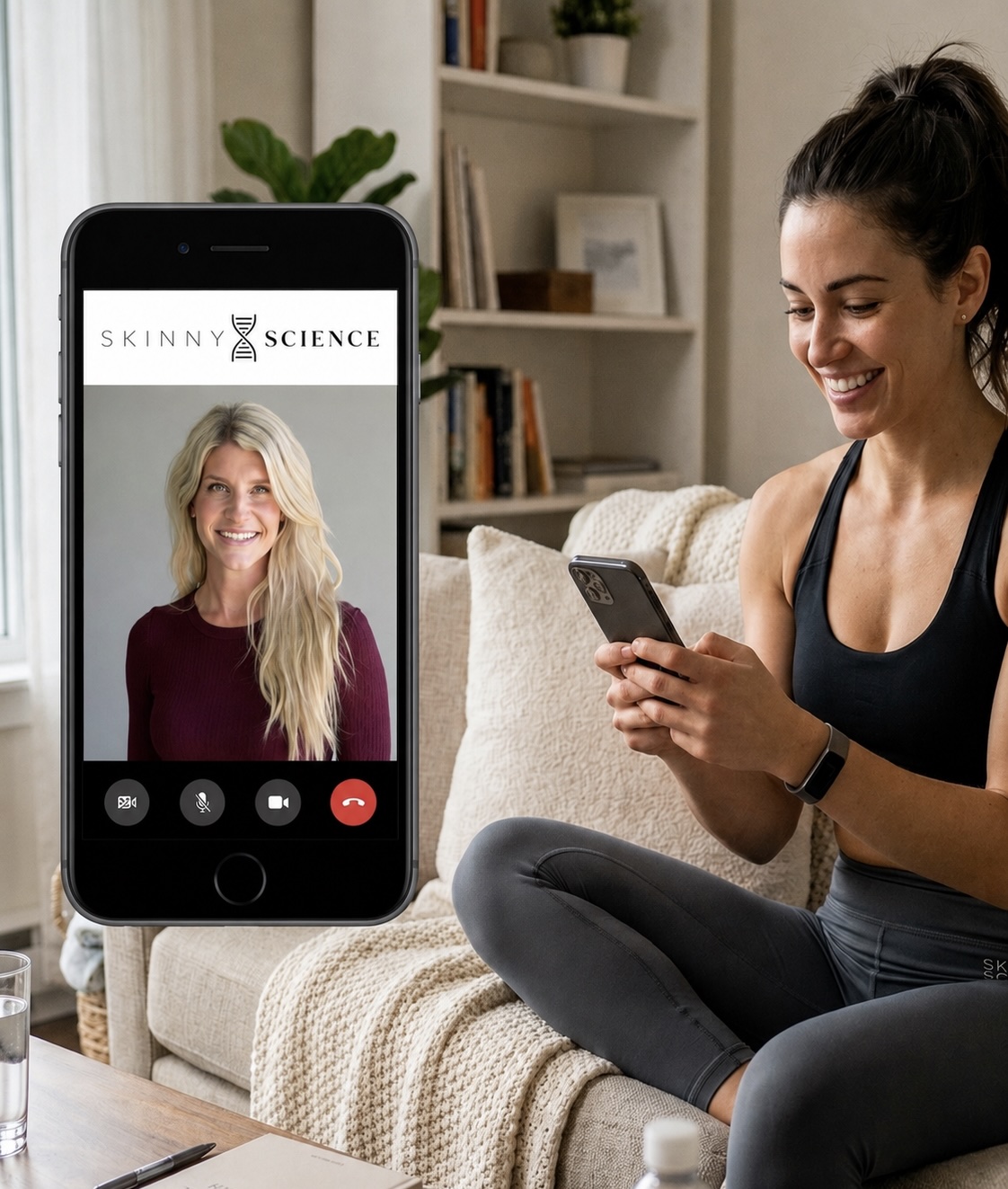 Woman on her couch meeting with a Skinny Science provider by video on her phone